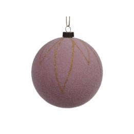 Boule de Noël rose avec motifs dorés, douce texture et forme ronde suspendue.