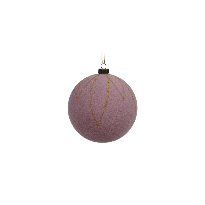 Boule de Noël rose avec motifs dorés, douce texture et forme ronde suspendue.