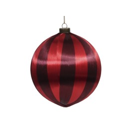 Boule décorative rouge et noire à rayures brillantes, suspendue par un fil.
