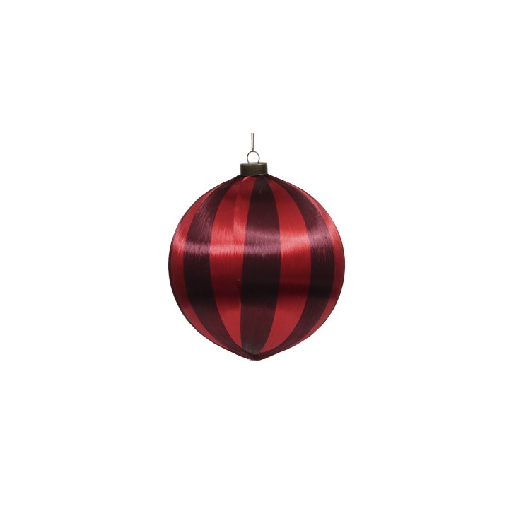 Boule décorative rouge et noire à rayures brillantes, suspendue par un fil.