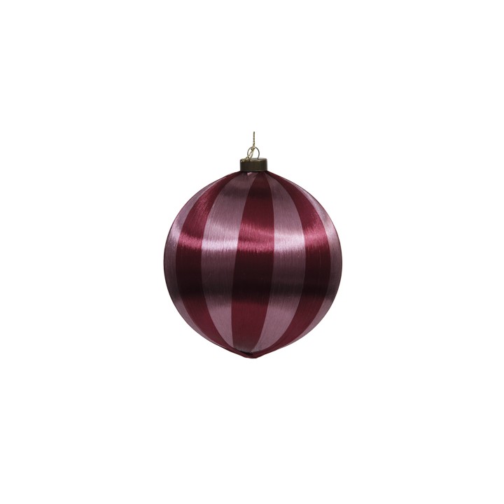 Boule de Noël rouge et violet aux rayures brillantes, suspendue par un accroche.