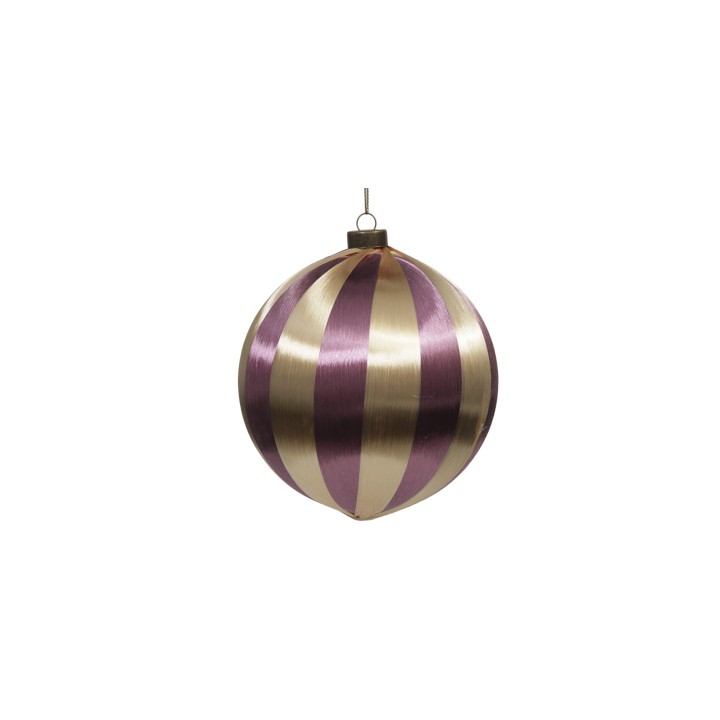Boule brillante aux rayures dorées et violettes, élégante et festive.