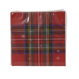 Serviettes en papier à motif écossais rouge et noir, avec des touches de vert et violet.