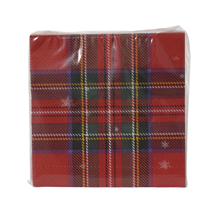 Serviettes en papier à motif écossais rouge et noir, avec des touches de vert et violet.