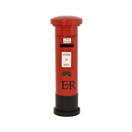Boîte aux lettres rouge vif avec un couvercle rond, décorée pour Noël, inscription "Letters t...