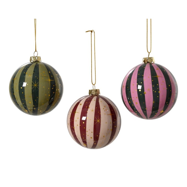 Boules de Noël brillantes aux rayures colorées et dorées, suspendues avec élégance.