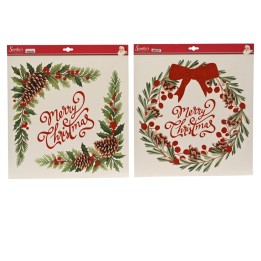 Deux couronnes de Noël ornées de pin, baies rouges et inscription festive.
