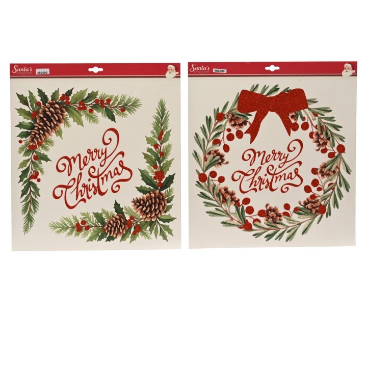 Deux couronnes de Noël ornées de pin, baies rouges et inscription festive.