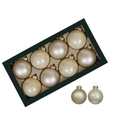 Douze boules de Noël aux teintes dorées et argentées, dans une boîte élégante.