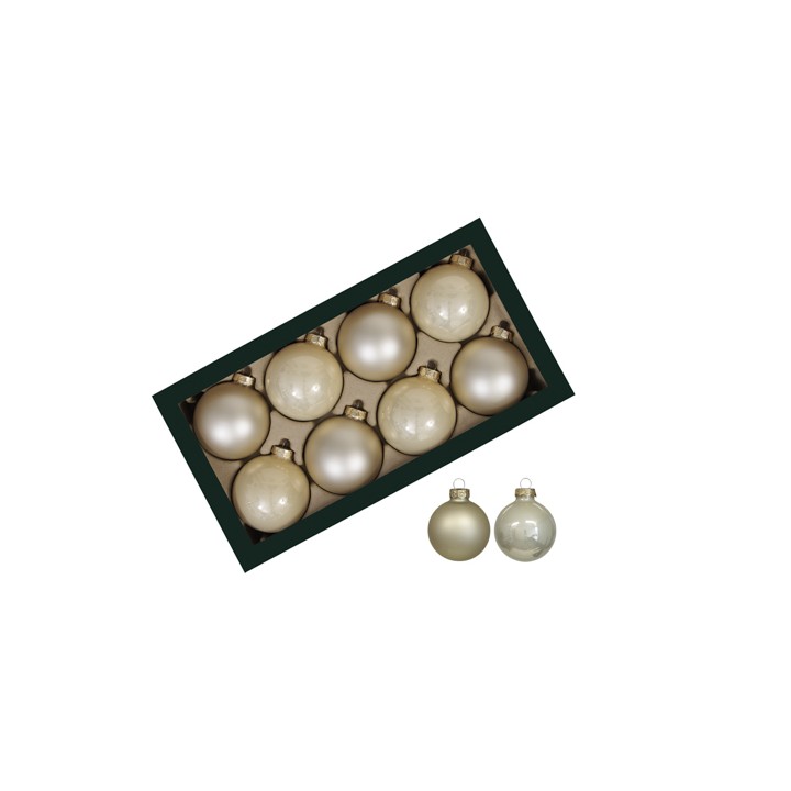 Douze boules de Noël aux teintes dorées et argentées, dans une boîte élégante.