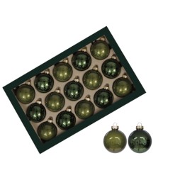 Boules de Noël vert foncé, brillantes, disposées en boîte, avec deux supplémentaires à côté.