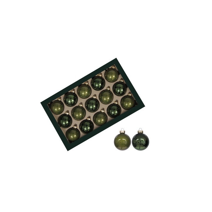 Boules de Noël vert foncé, brillantes, disposées en boîte, avec deux supplémentaires à côté.