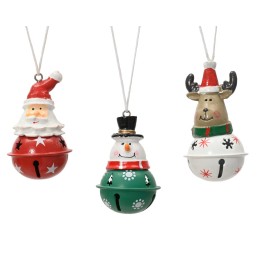 Trois cloches de Noël colorées : père Noël, bonhomme de neige et renne festif.