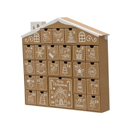 Calendrier de l'Avent en carton, style chalet, décoré de motifs festifs en blanc.