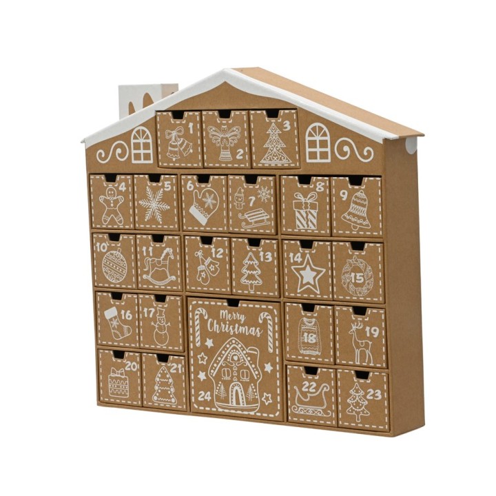 Calendrier de l'Avent en carton, style chalet, décoré de motifs festifs en blanc.