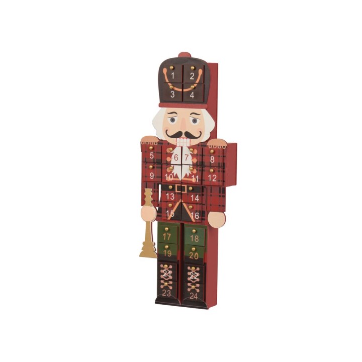 Bonhomme en bois coloré, avec des cases numérotées pour un calendrier de l'Avent.