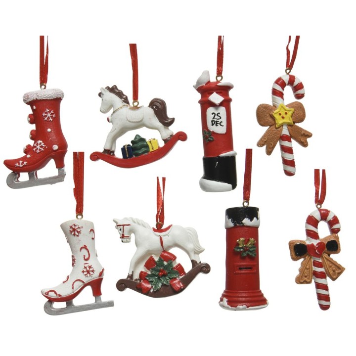 Décorations de Noël colorées en rouge et blanc, incluant des patins, un cheval et un bonbon.