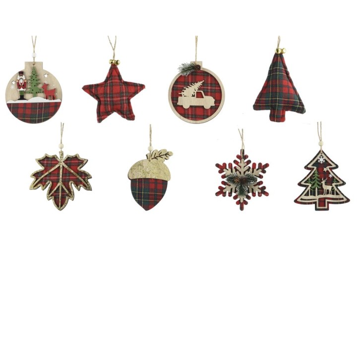Décorations de Noël en bois et tissu écossais, formes variées, couleurs rouge et vert.