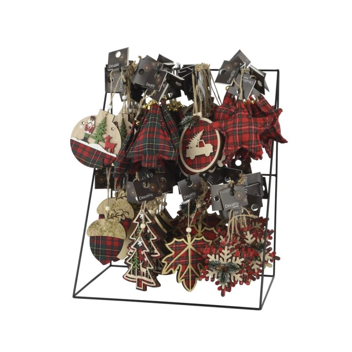 Ornements de Noël en bois et tissu, motifs festifs, couleurs rouge et vert, présentés sur supp...