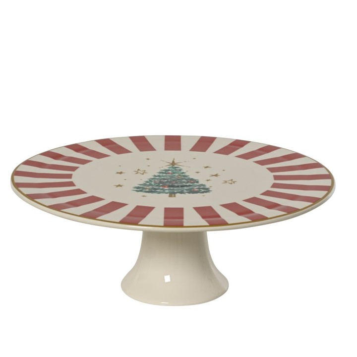 Plat de présentation festif, bord rouge et blanc, motif d'arbre de Noël au centre.