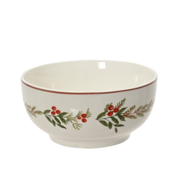 Bol en céramique blanche orné de motifs de baies rouges et feuillages verts.