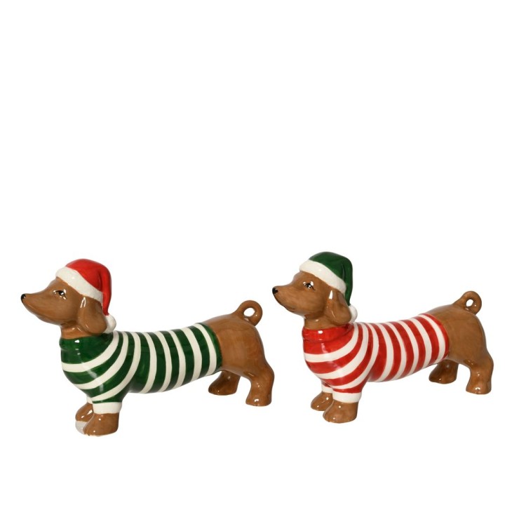 Chiens en céramique, rayures vertes et rouges, chapeaux de Noël, style festif.
