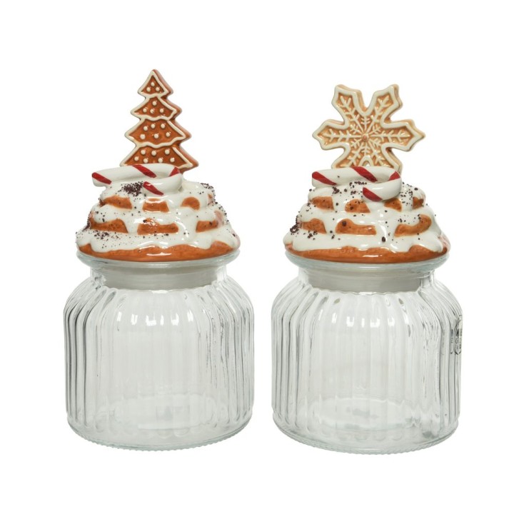 Bocaux en verre avec couvercles décorés de motifs festifs en sucre.