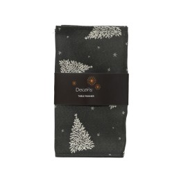 Chemin de table noir orné de sapins argentés et étoiles brillantes. Élégance festive.