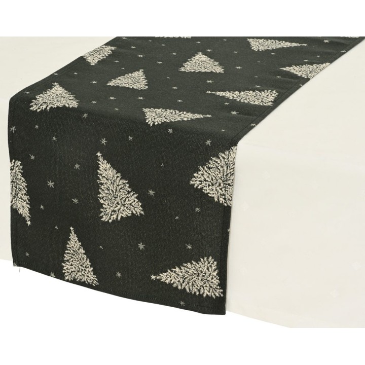 Nappe noire ornée de sapins blancs et d'étoiles argentées, élégante et festive.