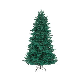 Sapin artificiel verdoyant, en forme conique, posé sur un support en métal noir.