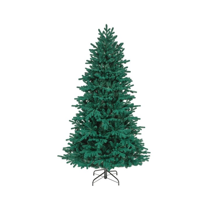 Sapin artificiel verdoyant, en forme conique, posé sur un support en métal noir.