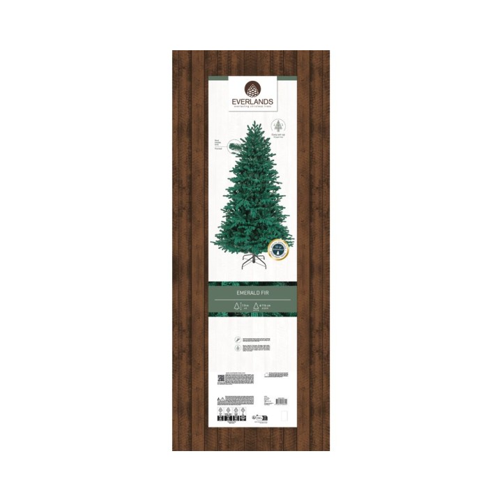 Étiquette de sapin artificiel sur fond brun avec des illustrations réalistes et détails techni...