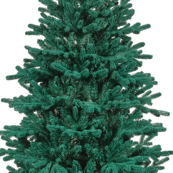 Un sapin artificiel vert, dense et touffu, avec des branches en plastique.