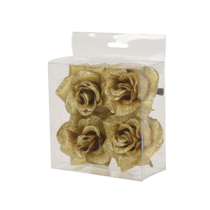 Quatre roses dorées scintillantes, soigneusement emballées dans une boîte transparente.