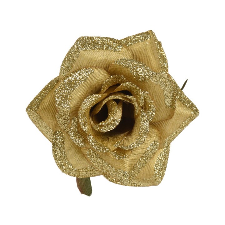 Fleur en tissu doré, scintillante, aux pétales délicatement enroulés et réalistes.