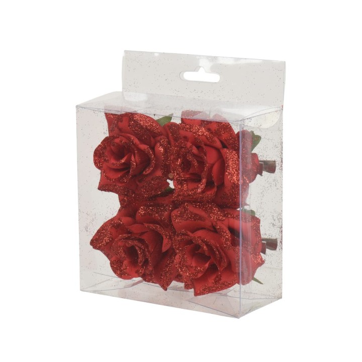 Quatre roses rouges scintillantes, présentées dans une boîte transparente.