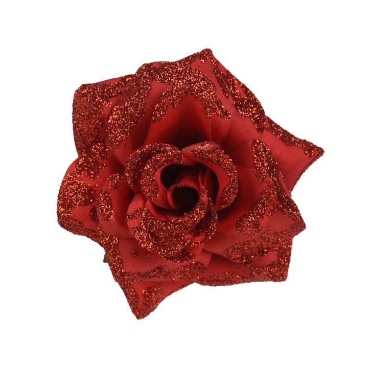 Fleur rouge en satin ornée de paillettes scintillantes, élégante et raffinée.