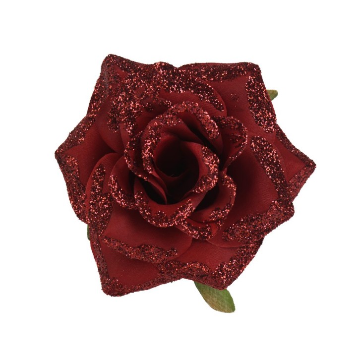 Rose rouge éclatante, ornée de paillettes brillantes, pétales veloutés et feuillage délicat.