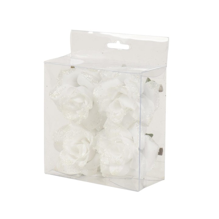Roses blanches élégantes ornées de paillettes, présentées dans une boîte transparente.