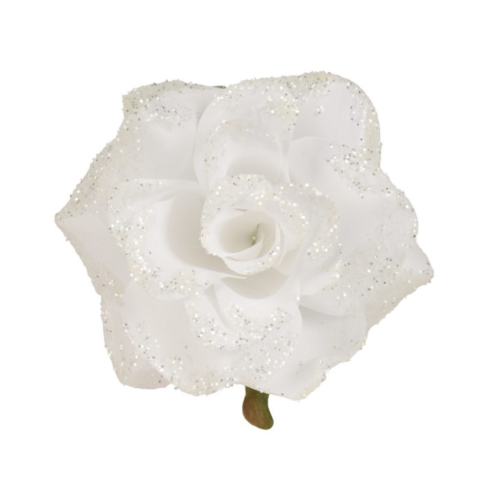 Rose blanche ornée de paillettes scintillantes, délicate et élégante.