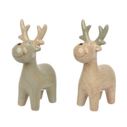 Deux rennes en céramique aux teintes douces, un bleu et un beige, souriants et joyeux.