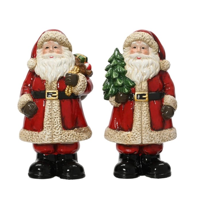 Deux figurines de Père Noël en rouge, portant des cadeaux et un sapin, souriant joyeusement.