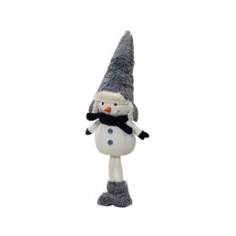 Bonhomme de neige en peluche, chapeau gris, écharpe noire, sourire amical, détails colorés.