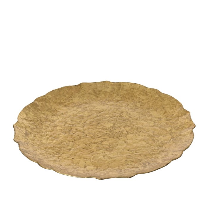 Plat rond doré, surface texturée, bords ondulés, élégant et raffiné.