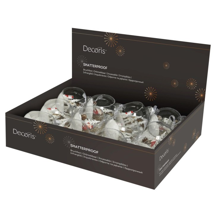 Boîte contenant des verres en plastique transparent, décorés de confettis colorés.