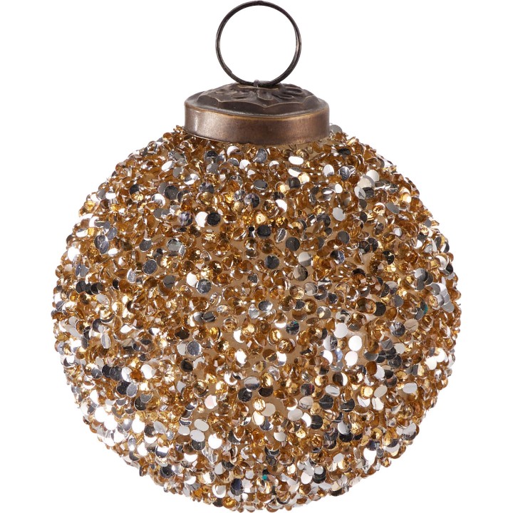 Boules scintillantes dorées et argentées, ornées de paillettes brillantes.