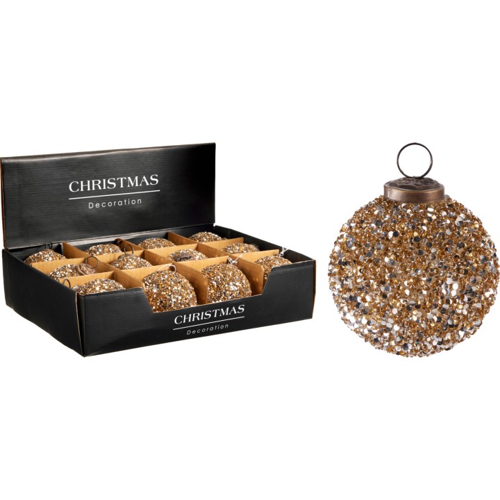 Boules de Noël dorées brillantes, présentées dans une boîte élégante et sombre.