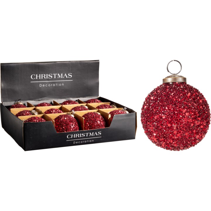 Boules de Noël rouge scintillantes, présentées dans une boîte élégante.