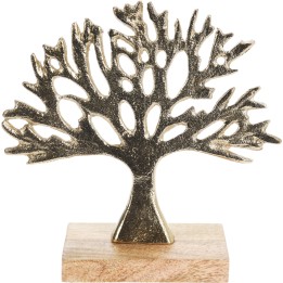 Arbre stylisé en métal doré, monté sur socle en bois naturel. Élégance minimaliste.