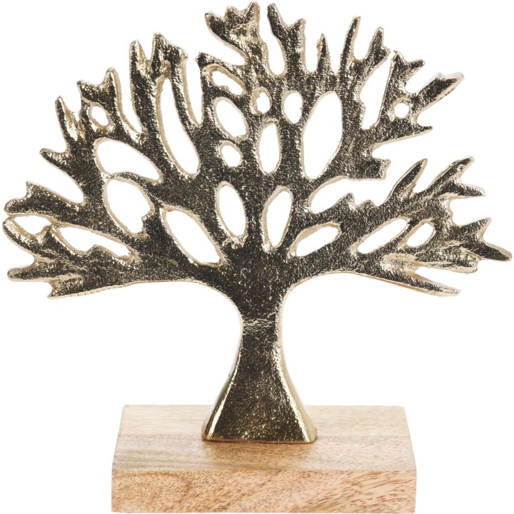 Arbre stylisé en métal doré, monté sur socle en bois naturel. Élégance minimaliste.